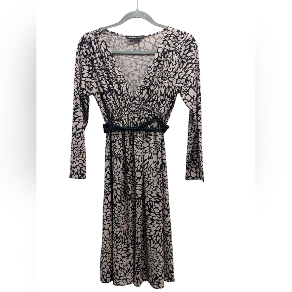 BCBG MaxAzria Black & Tan Leaf Print Faux Wrap Midi Dress- Size S